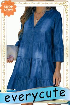 Blue Split V Neck Bell Sleeves Tiered Denim Dress Indigo V-neck Denim Dress, Denim Blue V-neck Dress For Fall, Fall V-neck Denim Blue Dress, Spring Indigo Denim Dress For Day Out, Fall Denim Blue V-neck Dress, Spring V-neck Denim Top, Mini Dresses, Women Dresses, Women's Fashion Dresses