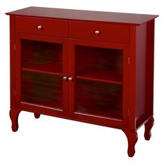 a red cabinet with two doors and drawers