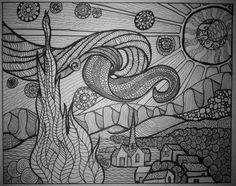 a black and white drawing of an abstract landscape