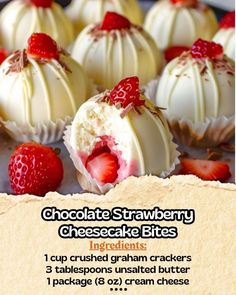 chocolate strawberries cheesecake bites recipe with instructions on the bottom and in the middle