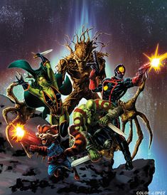 an image of the avengers and other characters on a mountain top with stars in the background