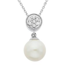 A freshwater cultured pearl and a cluster of diamond accents give this sterling silver necklace elegant beauty. Comes in a gift box. Click on this JEWELRY & WATCHES GUIDE to learn about fit, styles, materials and more!PENDANT DETAILS Pendant length: .75 in. Chain length: 18 in. Clasp: spring-ring Metal: rhodium-plated sterling silver CULTURED PEARL DETAILS Type: freshwater Shape: round Size: 8-9 mm Color: white DIAMOND DETAILS Total weight: less than 1/10 ct. Cut: round Color grade: G-I Clarity: Refined White Pearl Necklace For Anniversary, Refined Pearl Drop Necklace For Anniversary, Classic Pearl Necklace With Diamond Accents For Anniversary, Timeless Pearl Drop Necklace For Anniversary, Elegant Cubic Zirconia Necklace For Mother Of The Bride, Classic White Necklace With Pave Setting, Anniversary Pearl Necklace With Brilliant Cut, Brilliant Cut Pearl Necklace For Anniversary, Anniversary Brilliant Cut Pearl Necklace