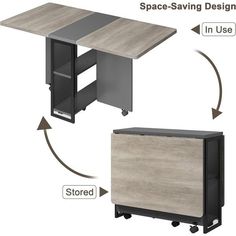 the space saving desk is shown with an open cabinet and storage compartment on wheels, along with