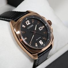 Item No. AW1723-02E Citizen Eco-Drive Endicott Rose Gold Tone Black Dial Men's Watch AW1723-02E Watch Features: Eco Drive J810 Solar Charged Rose Gold Tone Stainless Steel Case Black Leather Strap Date Display Analog Display Luminous Hands and Markers Push Pull Crown Deployant Push Button Clasp Sapphire Crystal Case Diameter: 42mm Case Thickness: 11mm Screw Case Back Water Resistance: 100 Meters Lug Width: 22mm Free Priority Shipping on all orders in continental U.S. Shipping time is usually bet Rose Gold Analog Watch Accessories For Formal Occasions, Rose Gold Analog Watch Accessories For Formal Events, Black Watch Accessories With Rectangular Dial For Anniversary, Rose Gold Business Watch, Rose Gold Chronograph Watch For Anniversary, Modern Rose Gold Watch For Anniversary, Rose Gold Analog Watch Accessories For Formal, Leather Chronograph Watch For Anniversary, Rose Gold Chronograph Watch For Business