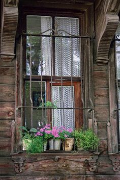 an old window with flowers and plants in pots on the windowsill, next to a wooden building