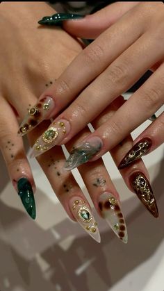 pin from @kels_icons Pirate Nails Acrylic, Fall Nails Maximalist, Guys With Long Nails, Almond Boho Nails, Big Nail Charms, Biting Nails Aesthetic, Jewelry Nails Design, What Nails Should I Get, Twilight Themed Nails