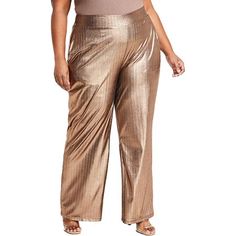 Manufacturer: Nina Parker Style Type: Wide Leg Pants Collection: Nina Parker Sleeve Length: Material: 95% Polyester/5% Spandex Fabric Type: Polyester Specialty: Metallic Sku: BH5954148 Size: 3X.  Color: Yellow.  Gender: female.  Age Group: adult. Plus Size Disco Pants, Gold Stretch Trousers, Pants Collection, Womens Wide Leg Pants, Plus Size Pants, Women Pants Casual, Chic Woman, Pull On Pants, Spandex Fabric