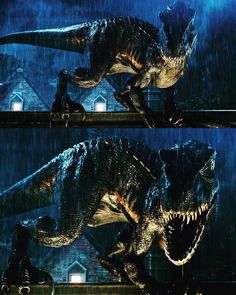 two images of godzillas in the rain