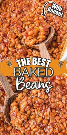 the best baked beans recipe is shown in two different pans with wooden spoons