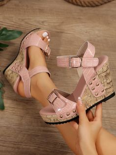 Pink Vacation,Fashionable Collar   Plain  Embellished   Women Shoes Shoes For Petite Women, Summer Wedge Sandals, Peep Toe Wedge Sandals, Summer Wedges, Open Toe Slippers, Khaki Fashion, Womens Sandals Wedges, Stylish Plus, Plus Size Summer