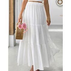 White Cotton Blend Swing Maxi Skirt with Pockets High Waist Solid Color Skirt For Vacation, Vacation Maxi Skirt In Solid Color, Beach Maxi Skirt In Solid Color, Beach Maxi Tiered Skirt In Solid Color, White High Waist Maxi Skirt For Day Out, Solid Non-stretch Skirt For Vacation, Beach Tiered Maxi Skirt In Solid Color, White Cotton Maxi Skirt With Relaxed Fit, White Non-stretch Skirt For Day Out