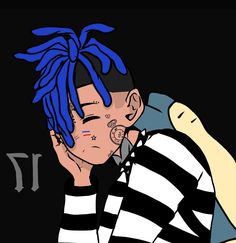 a drawing of a man with blue hair and piercings on his nose, wearing a jail cell phone