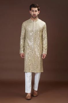 Shop for Kasbah Brown Georgette Mirror Embroidered Kurta for Men Online at Aza Fashions Cotton Kurta For Men, Kurta Pajama Men, Kurta For Men, Mirror Embroidery, Kurta Set For Men, Kurta Men, Brown Mirror, Luxury Sale, Cotton Kurta