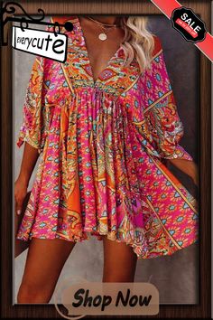 Multicolour V Neck 3/4 Sleeve Bohemian Vintage Print Mini Dress Fashion Hippie, Babydoll Style, Bohemian Print, Loungewear Sets, Vintage Bohemian, Mini Dresses, Printed Mini Dress, Neck Pattern, Women Dresses