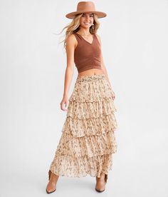 "Illa Illa Tiered Maxi Skirt - Brown Large, Women's Beigefloral Floral chiffon lined 36" skirt Elasticized waistband. 100% Polyester. Hand wash cold. Do not bleach. Hang or line dry. Iron low. Apparel & Accessories > Clothing > Skirts" Flowy Skirt Cowboy Boots, Country Skirt, Hankerchief Skirt, Cowgirl Skirt, Long Tiered Skirt, Back To School Clothes, Seventeenth Birthday, Ruffle Maxi Skirt, Free People Skirt