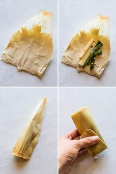 four pictures showing how to make tamales with cheese and green beans on top, then folding them in half