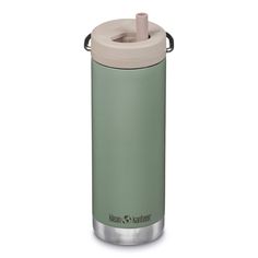 thermos insulated water bottle with lid is shown in light green and has a straw sticking out of it