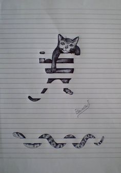 a drawing of a cat sitting on top of a bench with a snake around it