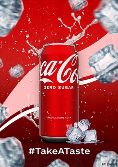 a can of coca - cola with ice cubes around it on a red background