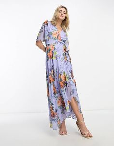 Hope & Ivy flutter sleeve wrap midaxi dress in lilac floral | ASOS Flowy Lavender Maxi Dress With Floral Print, Short Sleeve Lavender Maxi Dress For Spring, Lavender Floral Print Midi Dress, Lavender Floral Print Maxi Dress, Lavender Maxi Dress With Floral Print, Lavender Short Sleeve Maxi Dress, Purple Surplice Neckline Dress For Spring, Lavender Floral Print V-neck Maxi Dress, Lavender V-neck Floral Print Maxi Dress