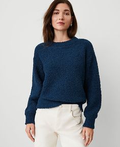 Our textured boucle crew neck sweater warms up your season in a cozy stitch. Crew neck. Long sleeves. Drop shoulders. Ribbed neckline, cuffs and hem.,Hit:23" long,Imported:Imported,Fit:Softly fitted,Fabrication:100% Polyester,Garment Care:Machine Washable Boucle Crew Neck Sweater by Ann Taylor Size regular - Medium Sea Storm Women's Boucle, Crew, Neck, Long, Sleeve, Pullover, Sweaters, 100%, Polyester, Machine, Washable Best Fall Sweaters Sea Storm, Ribbed Neckline, Fall Sweaters, Long Sleeve Pullover, Crew Neck Sweater, Drop Shoulder, Neck Sweater, Pullover Sweaters, Ann Taylor