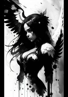 a woman with black hair and wings on her body