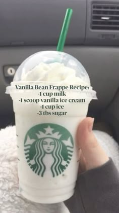 someone holding up a starbucks cup with whipped cream in it and the caption reads vanilla bean creme recipe