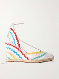 AQUAZZURA Ric Rac 85 leather-trimmed raffia wedge espadrilles Multicolor Wedge Heel Espadrilles For Summer, Multicolor Summer Espadrilles With Woven Sole, Multicolor Espadrilles With Woven Sole For Vacation, Multicolor Espadrilles For Spring, Winter Work Wear, Aquazzura Shoes, Wedge Espadrilles, Ric Rac, Fashion Heels