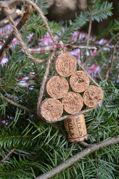 wine cork ornament hanging on a tree branch