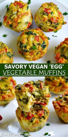 there are several muffins on the plate and one is filled with veggies