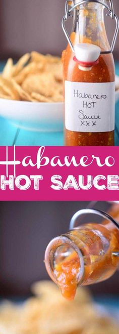 hot sauce is being poured into a glass jar with the words habanero hot sauce on it