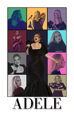 a woman in a long black dress with her hands on her hips and the words adelle above it