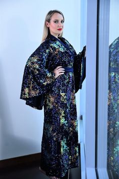 navy blue sequin robe Blue Party Dress With Kimono Sleeves, Floor-length Blue Abaya For Party, Blue Floor-length Abaya For Party, Elegant Maxi Length Party Kimono, Dress With Wide Sleeves, Sequin Wrap Dress, Copper Dress, Sequin Kimono, Green Kimono