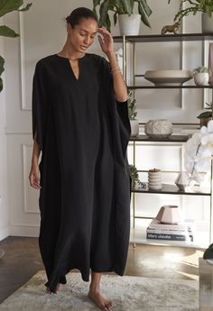 Caftan - Black Cupro Belted Long Caftan Black Caftan, Black Kaftan, Kaftan Style, Long Kaftan, Mode Casual, By The Ocean, Caftan Dress, Womens Casual, Kaftan Dress