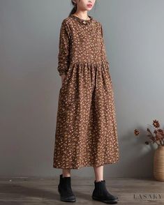 Lasaky - Floral Autumn Retro Literary Cotton Linen Dress - Loose Fit, Fashionably Elegant Winter Floral Print Cotton Dress, Winter Cotton Floral Print Dress, Winter Cotton Dress With Floral Print, Non-stretch Cotton Fall Dresses, Non-stretch Cotton Dress For Fall, Brown Relaxed Fit Dress For Fall, Brown Cotton Floral Print Dress, Brown Cotton Long Sleeve Maxi Dress, Non-stretch Cotton Midi Dress For Fall