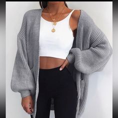 Casual Knit Lantern Long Sleeve Open Front Cardigan (Grey) Materials: 100% Acrylic Model Is 5'4 And Wearing A Size Small Outfits Leggins, Trendy Outfits 2020, Cardigan Casual, Rib Knit Cardigan, Mode Boho, Tumblr Outfits, Cardigan Outfits, Long Sleeve Knit Sweaters, Cardigan Sweaters For Women