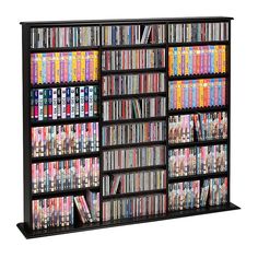 an entertainment center with many different types of dvd's