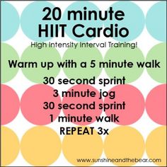 the 20 minute hiit cardio workout is shown in green and white circles with pink,