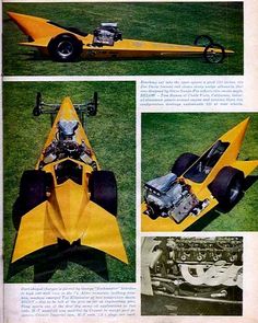 an advertisement for a yellow race car with pictures of the engine and parts in it