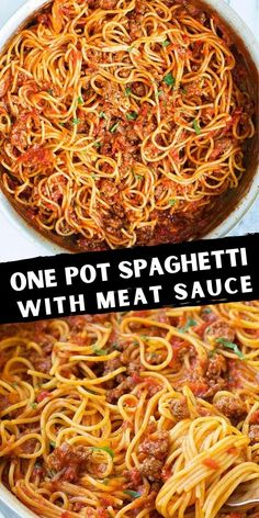 one pot spaghetti with meat sauce in a skillet and the other side is shown