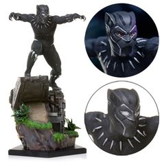 the black panther statue is shown next to an image of it's head and hands