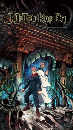 an anime poster with two people standing in front of a building and some skulls on the ground