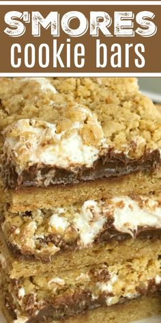 some cookies bars stacked on top of each other with the words s'mores cookie bars above them