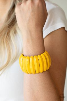 Paparazzi Accessories - Colorfully Congo - Yellow Bracelet - Bling by JessieK Paparazzi Consultant, Yellow Bracelet, Yellow Jewelry, Wooden Bracelet, Wood Bracelet, Sunny Yellow, Jewelry Images, Paparazzi Accessories, Stretchy Bracelets