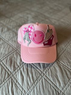 This is a one of a kind, hand made trucker hat embellished with western inspired frill. Cute Festival Trucker Hat, Whimsical Adjustable Trucker Hat, Pink Trucker Hat With Curved Brim For Festivals, Whimsical Adjustable Trucker Snapback Hat, Whimsical Adjustable Trucker Hat Snapback, Whimsical Adjustable Snapback Trucker Hat, Trendy Mini Cap Hats For Festivals, Trendy Festival Mini Cap Hats, Festival Trucker Hat With Short Brim