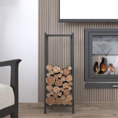 a fire place with logs stacked in front of it and a chair next to it