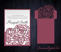 a wedding card with roses on it and a pocket for the front, side and back