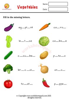 vegetables fill in the missing letters worksheet for kids to practice their english language skills