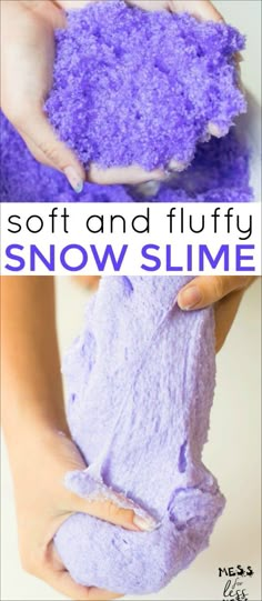 two pictures with the words soft and fluffy snow slime