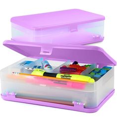 Our plastic box has a easy to open and close snap-tight lid, which helps keep all your supplies safe and sealed from dust. This plastic pencil case is perfect for ages 5 years and up to keep their supplies organized. Rectangular Craft Supplies Storage For Back To School, Plastic Pencil Case, Plastic Pencil Box, Cute School Bags, Pencil Roll, Writing Accessories, Desk Supplies, Pencil Box, Double Deck